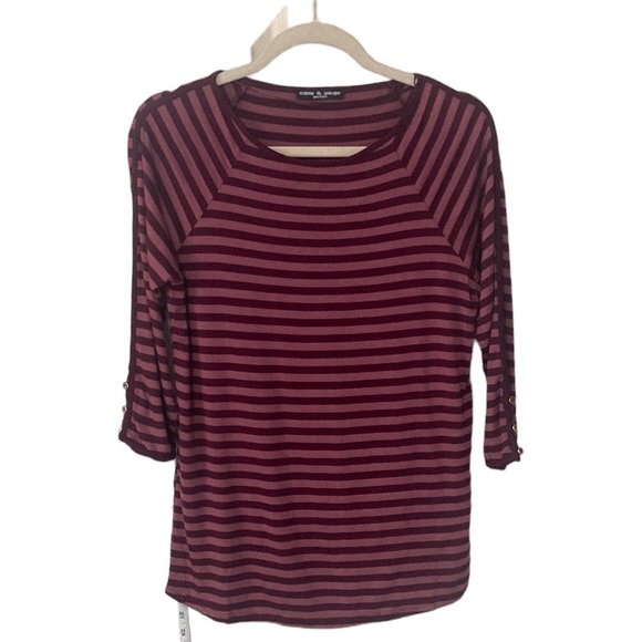 Cable & gauge striped soft tee with button sleeve acents - Picture 1 of 11